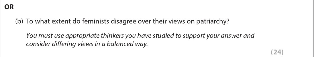 To-what-extent-do-feminists-disagree-over-their-views-on-patriarchy?--You-must-use-appropriate-thinkers-you-have-studied-to-support-your-answer-and-consider-differing-views-in-a-balanced-way.-Edexcel-A-Level Politics-Question 5-2022-Paper 2.png